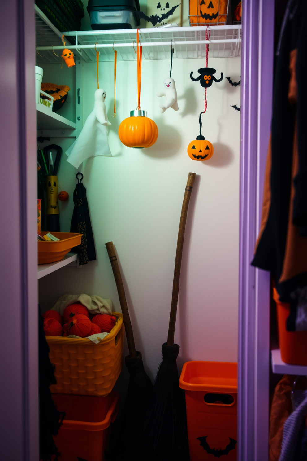 A whimsical Halloween closet filled with festive decorations. Mini broomsticks are propped against the wall, adding a playful touch to the space. The closet features vibrant orange and black accents, including hanging ghost decorations and pumpkin-shaped storage bins. Soft lighting creates a cozy atmosphere, perfect for showcasing the Halloween spirit.