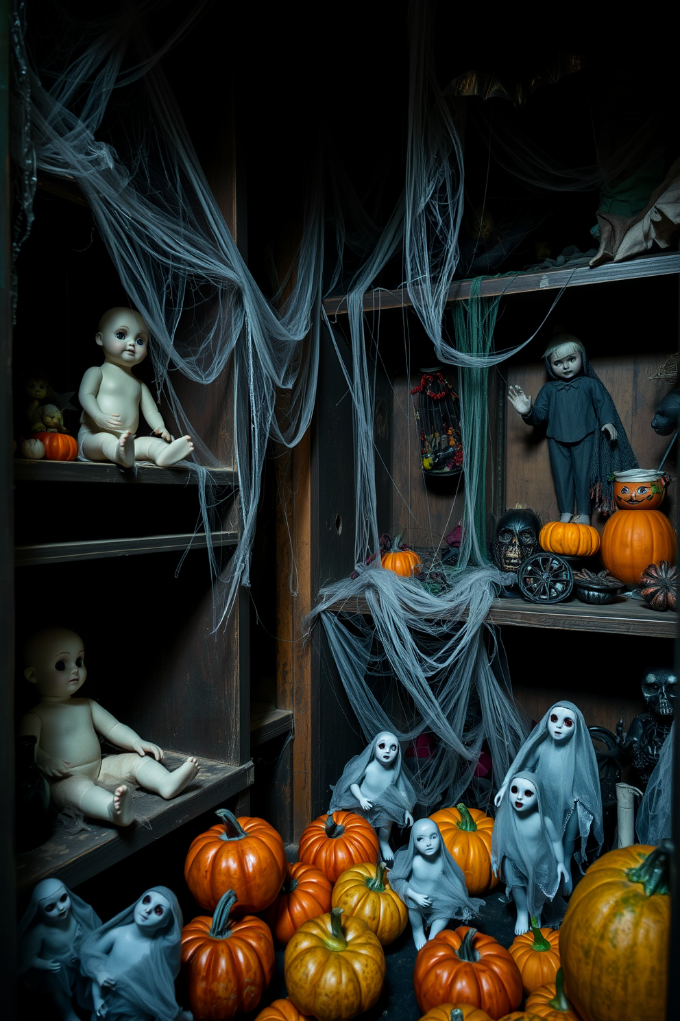 Creepy dolls sit on dusty wooden shelves, their porcelain faces cracked and eyes staring blankly into the dimly lit room. Cobwebs drape between the shelves, adding to the eerie atmosphere of this unsettling display. The Halloween closet is filled with spooky decorations, featuring hanging bats and faux spider webs that cling to every surface. A collection of vibrant pumpkins and ghostly figures are arranged on the floor, creating a festive yet haunting vibe.