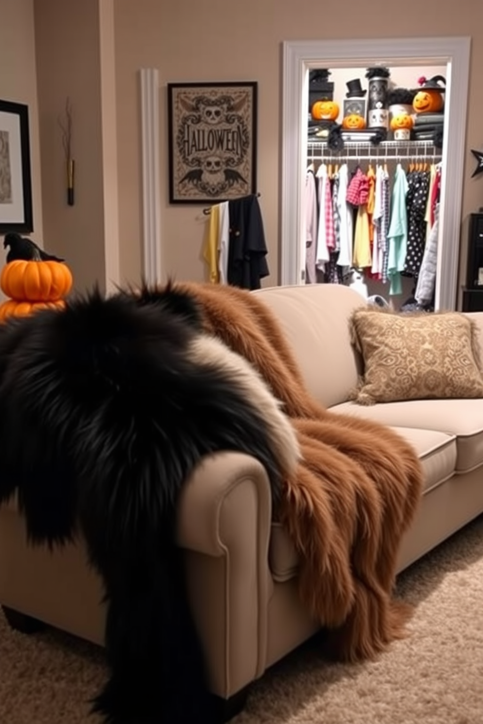 A cozy living room featuring faux fur throws draped over a plush sofa. The color palette includes warm neutrals and soft pastels, creating an inviting atmosphere. A whimsical Halloween closet decorated with themed accessories and vibrant colors. Spooky decor items like miniature pumpkins and ghostly figures are strategically placed to enhance the festive spirit.