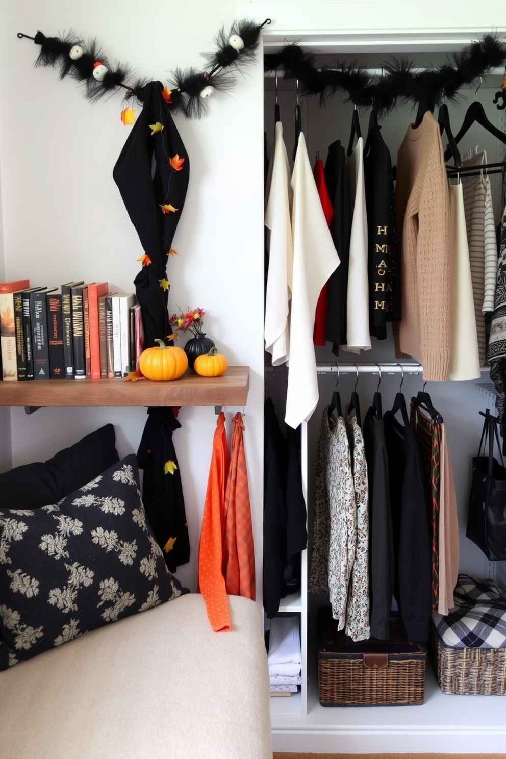 A cozy reading nook featuring a collection of seasonal books arranged on a rustic wooden shelf. The shelf is adorned with autumn-themed decorations, including small pumpkins and colorful leaves. A stylish closet space transformed for Halloween with black and orange accents. Spooky decorations like ghostly garlands and themed hangers create a festive atmosphere while maintaining an organized look.