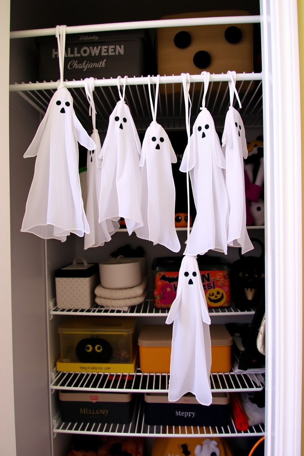 A whimsical Halloween closet decorated with hanging fabric ghosts suspended from a sturdy rod. The ghosts are made of sheer white fabric, giving them an ethereal appearance, while the closet shelves are filled with colorful Halloween-themed accessories.