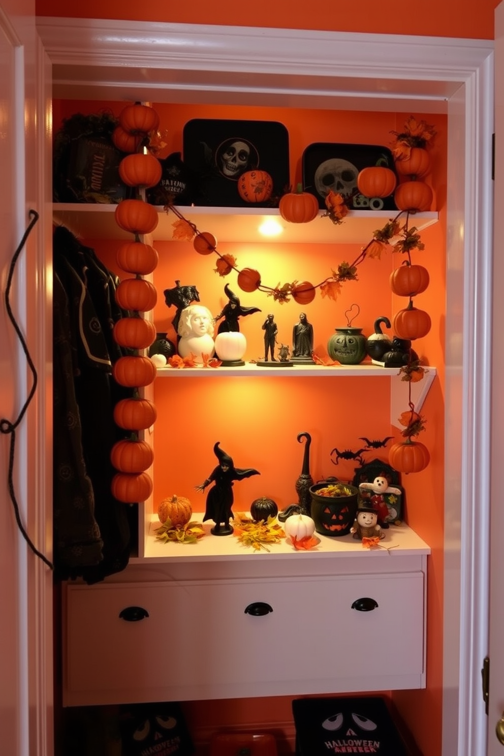 A cozy Halloween closet adorned with pumpkin garlands draped elegantly across the shelves. The shelves are filled with seasonal decorations, including spooky figurines and colorful autumn leaves. The walls of the closet are painted in a warm, inviting orange hue, enhancing the festive atmosphere. Soft lighting illuminates the space, creating a charming ambiance perfect for Halloween.