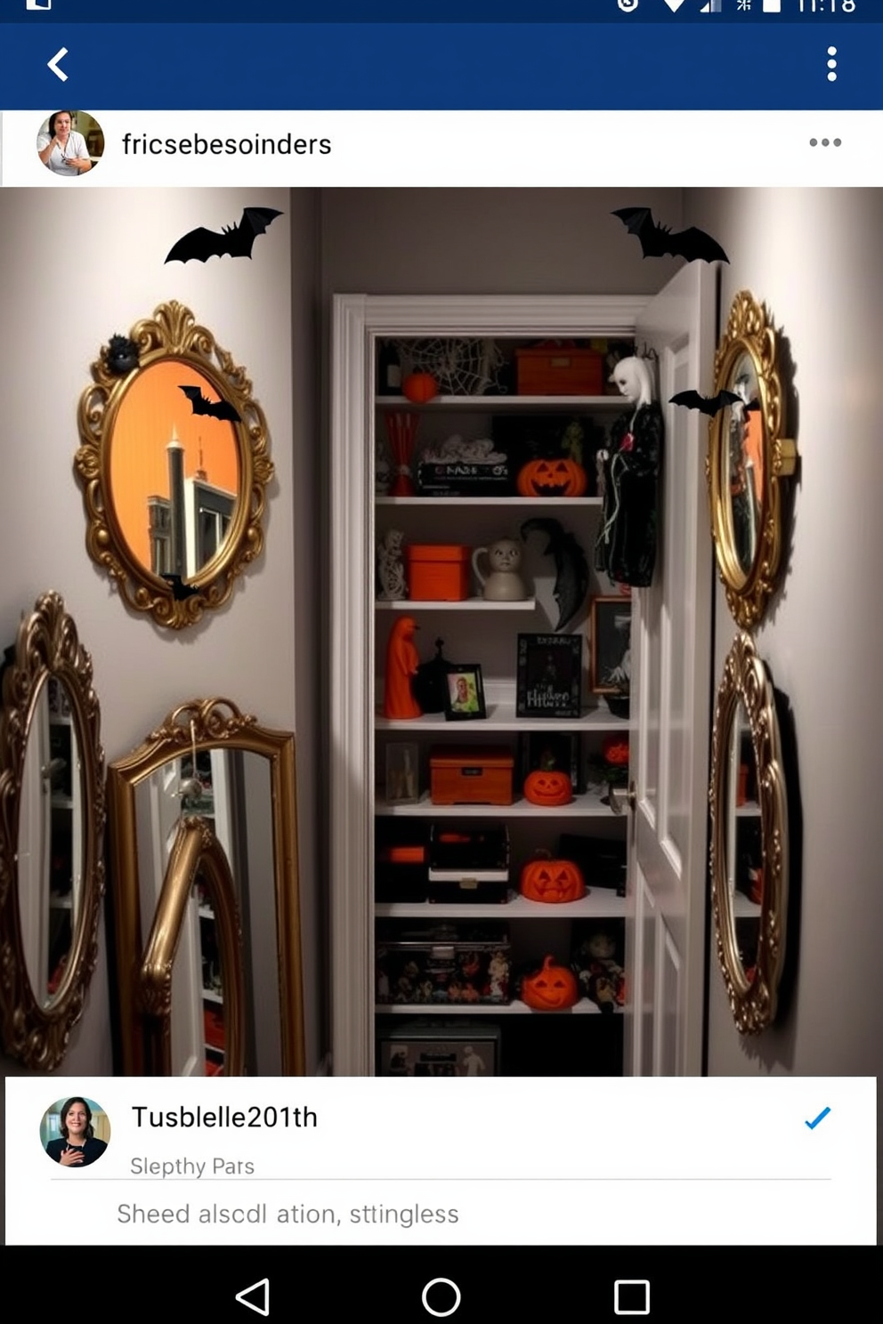 A collection of decorative mirrors arranged in a dimly lit hallway. Each mirror features intricate frames adorned with cobwebs and bats, creating an eerie reflection that enhances the spooky atmosphere. A closet transformed for Halloween with themed decor. Shelves are filled with orange and black accessories, including ghostly figures and pumpkin decorations, while a spooky wreath hangs on the door.