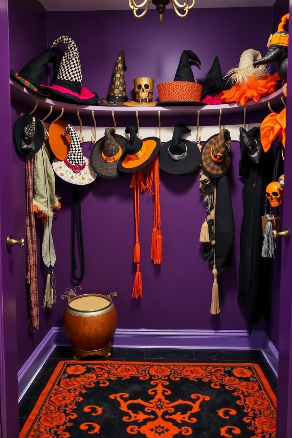 A whimsical Halloween closet featuring an array of witch hats displayed on elegant coat hooks. The walls are painted in a deep purple hue, and the floor is adorned with a vintage black and orange rug, creating a festive atmosphere.