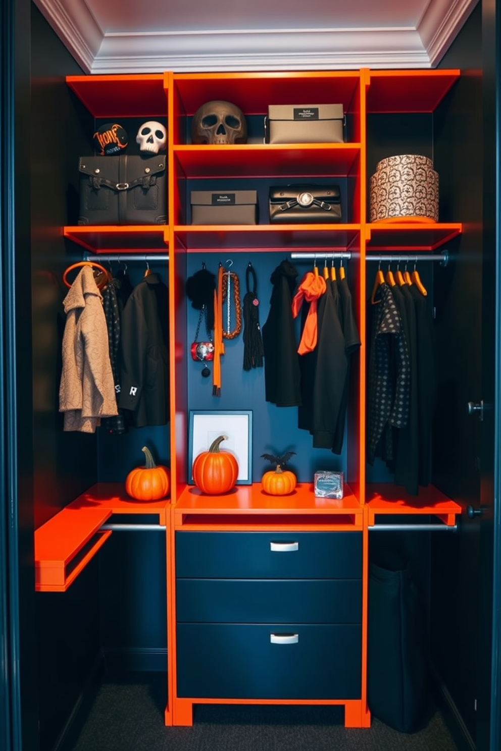 A stylish closet designed with a black and orange color scheme. The walls are painted in a deep black, while the shelving units feature a vibrant orange finish, creating a bold contrast. Hanging from the shelves are Halloween-themed accessories and costumes. Decorative elements like pumpkins and spooky ornaments are strategically placed to enhance the festive atmosphere.