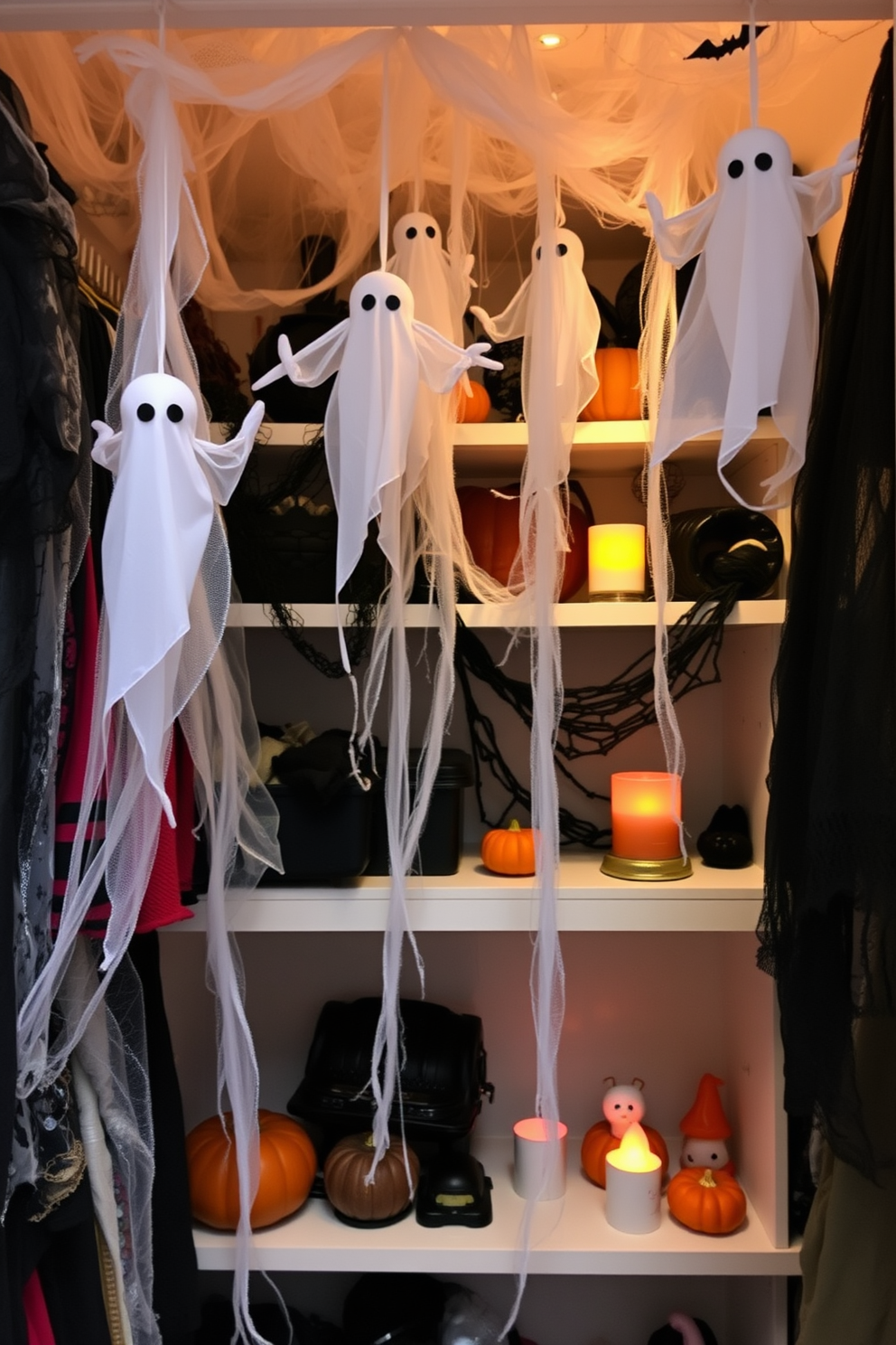 A Halloween closet filled with spooky decorations. Creepy cobwebs drape in every corner, creating an eerie atmosphere filled with the spirit of the season. Hanging from the ceiling are ghostly figures made of sheer fabric. Shelves are adorned with miniature pumpkins and flickering LED candles, enhancing the haunting vibe.