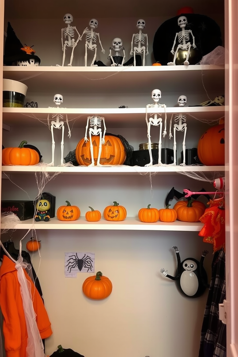 Skeleton figurines are creatively arranged on top shelves, adding a playful yet spooky touch to the Halloween decor. The shelves are adorned with cobwebs and miniature pumpkins, enhancing the festive atmosphere. The closet features a mix of traditional and modern Halloween decorations, creating an inviting space for seasonal celebrations. Soft lighting highlights the colorful decorations, making the closet a charming focal point for Halloween festivities.