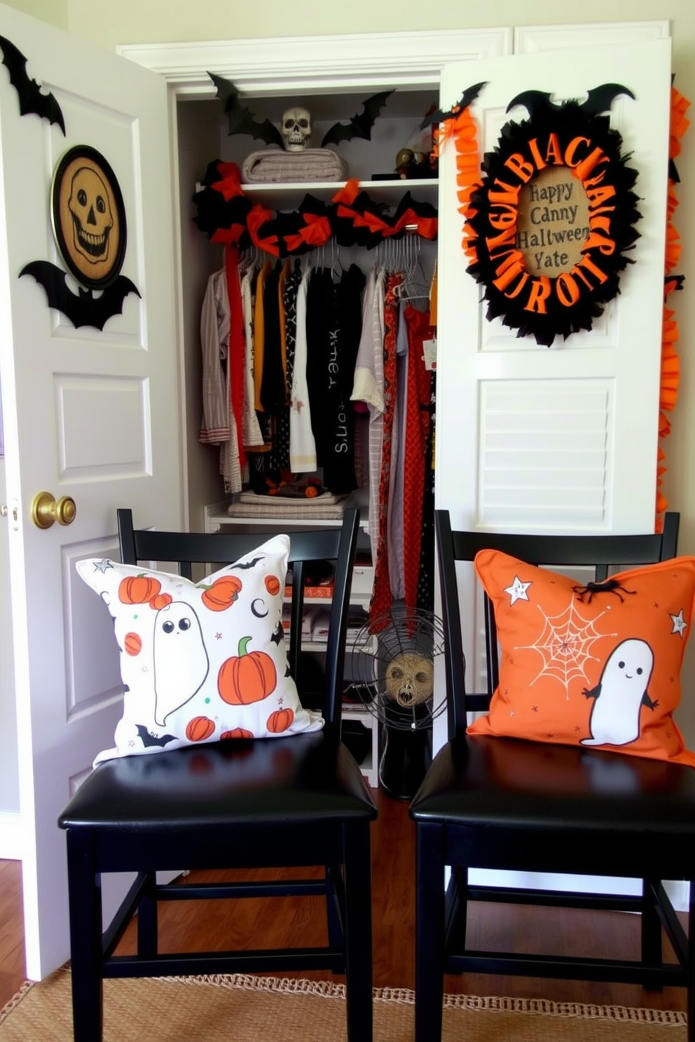 Halloween themed throw pillows on chairs. The pillows feature various spooky designs such as pumpkins, ghosts, and cobwebs, adding a festive touch to the seating area. Halloween closet decorating ideas. The closet is adorned with orange and black accents, including hanging bats and miniature skeletons, creating a whimsical and seasonal atmosphere.