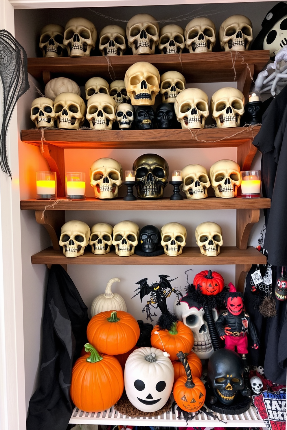 A collection of decorative skulls in various styles and sizes is artfully arranged on rustic wooden shelves. The shelves are adorned with cobwebs and flickering candle holders to enhance the spooky atmosphere. The Halloween closet is transformed into a festive display with themed decorations. Dark fabrics, spooky props, and vibrant pumpkins create a playful yet eerie ambiance.