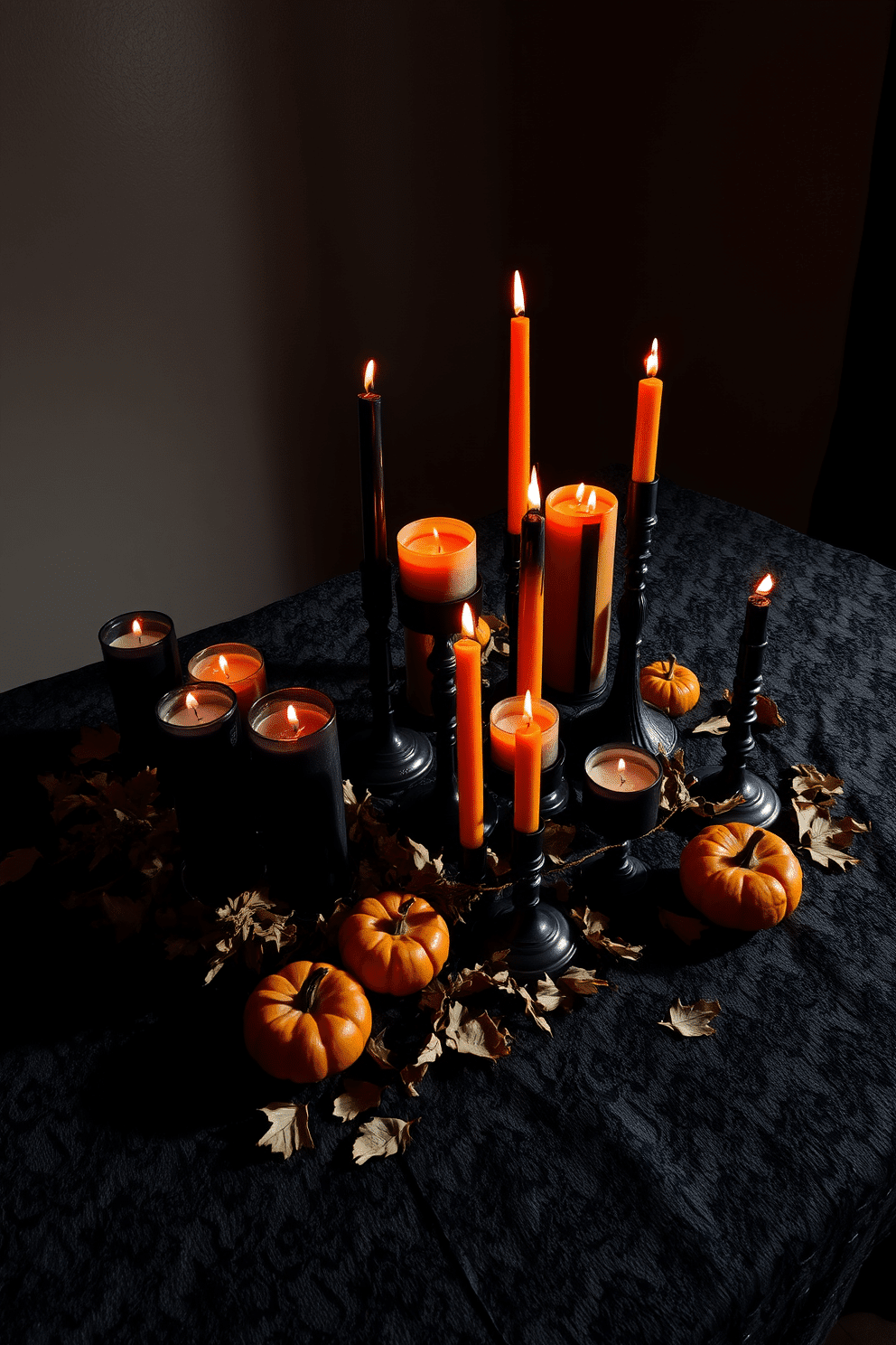 Spooky candle arrangements on the table. Various sizes of black and orange candles are arranged artfully, casting eerie shadows across the surface. Dried leaves and small pumpkins are scattered around the candles. The table is draped with a dark lace tablecloth that adds a touch of mystery to the Halloween decor.