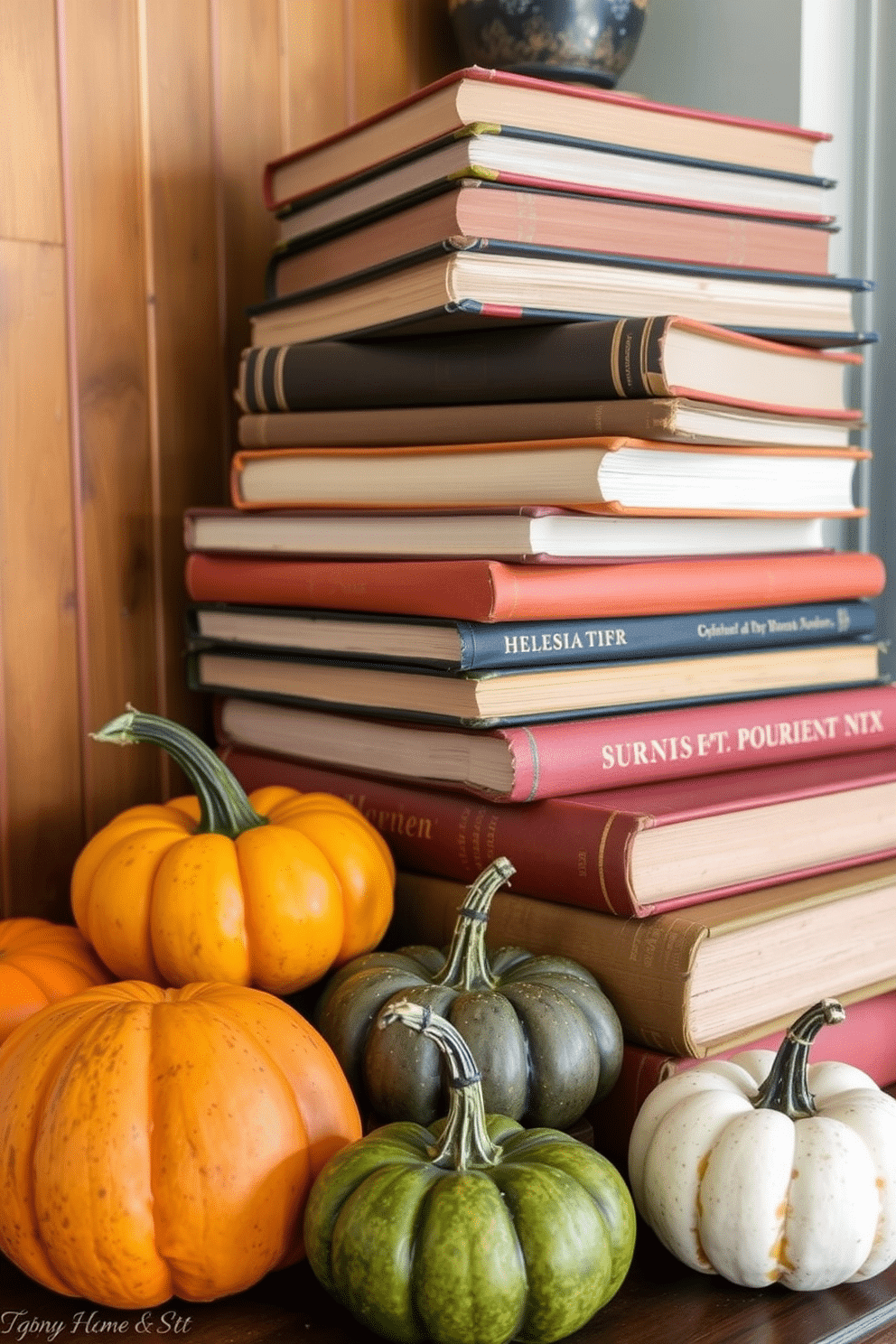 A cozy autumn scene featuring vintage books artfully stacked alongside small pumpkins of various sizes. The warm, inviting colors of the books contrast beautifully with the rich orange and deep green hues of the pumpkins, creating a charming Halloween decorating idea.