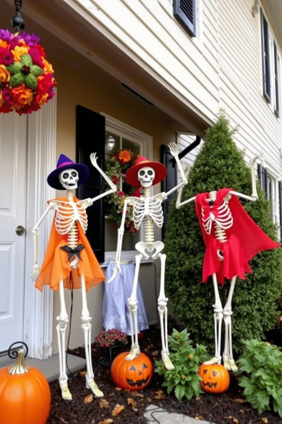 Charming skeletons are playfully posed around the house, adding a whimsical touch to the Halloween decor. They are dressed in colorful costumes, creating a festive atmosphere that delights guests and passersby alike.