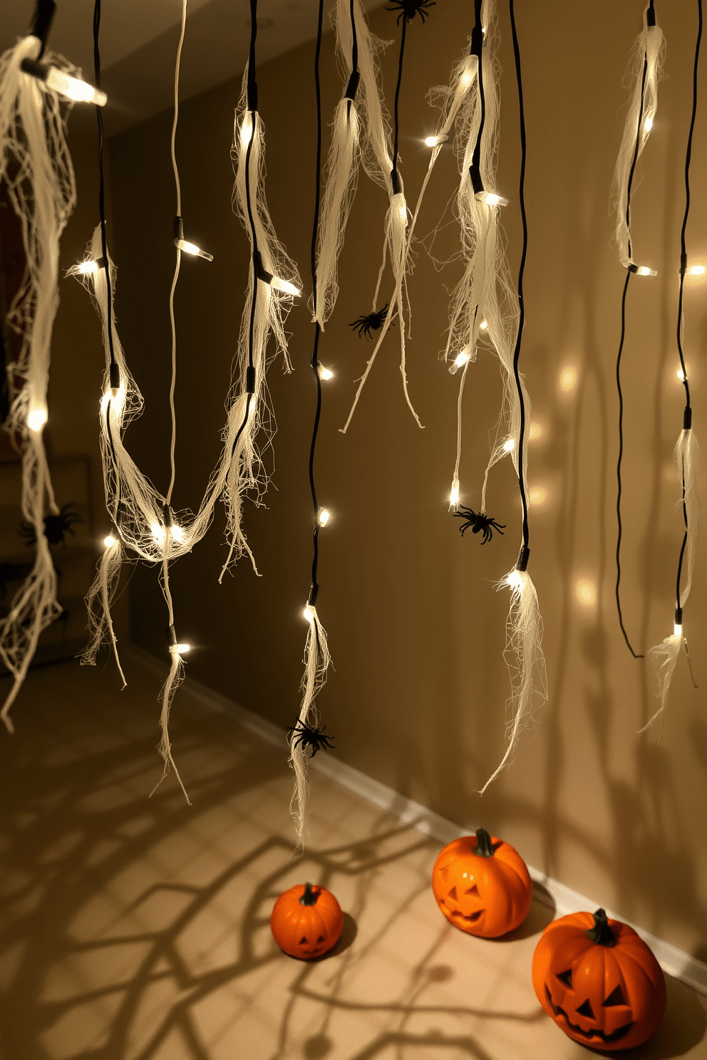 Eerie string lights hang from the ceiling, casting a soft and haunting glow throughout the room. Shadows dance along the walls, creating an atmosphere perfect for Halloween festivities. The lights are intertwined with faux cobwebs and small decorative spiders for an added spooky effect. Pumpkins with carved faces are placed strategically around the space, enhancing the Halloween theme.