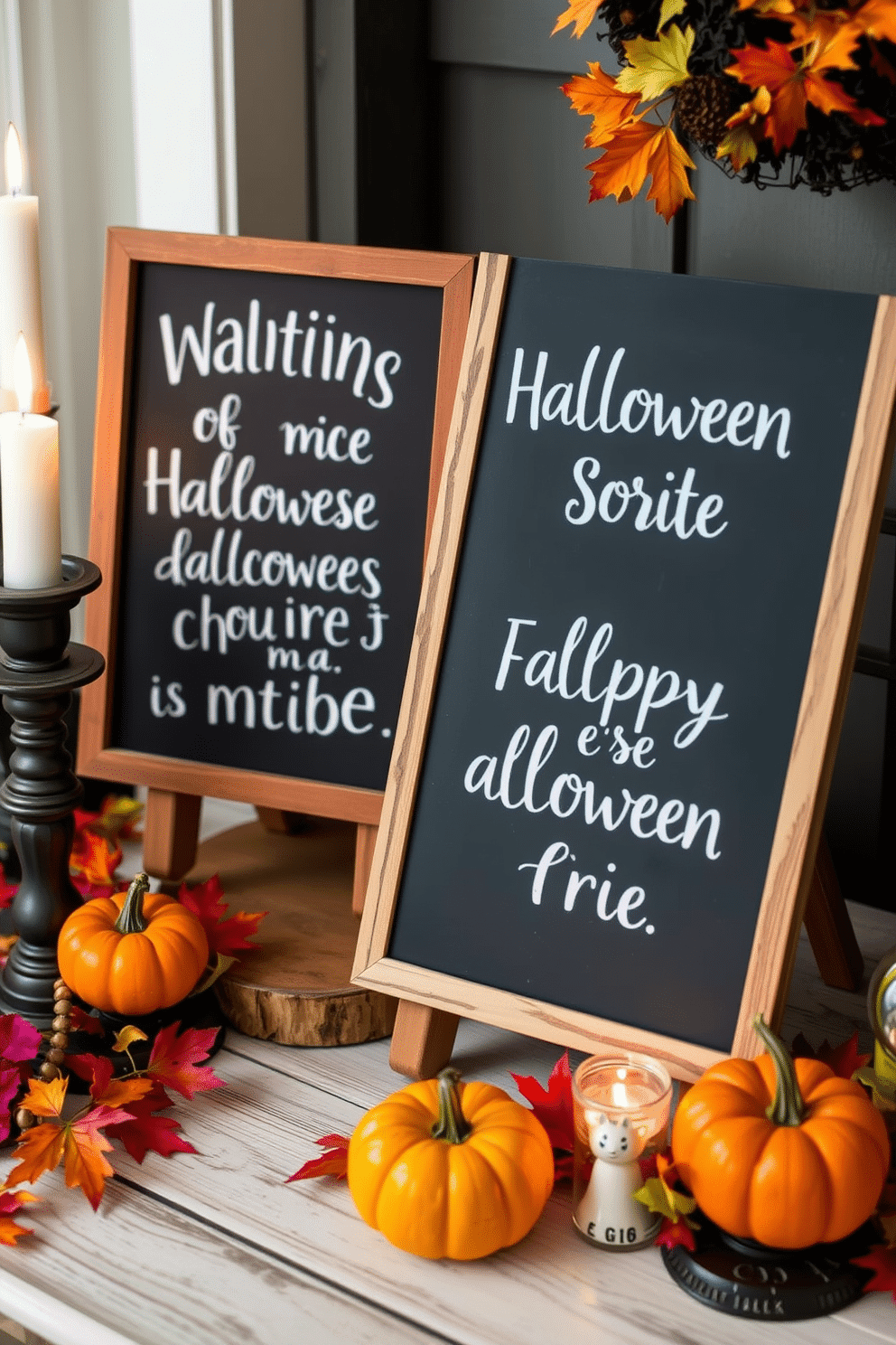 Chalkboard signs feature whimsical Halloween quotes in playful fonts. They are surrounded by seasonal decorations like mini pumpkins and colorful leaves, creating a festive atmosphere. The signs are placed on rustic wooden stands, enhancing the charm of the Halloween decor. Soft candlelight flickers nearby, adding warmth to the overall setting.