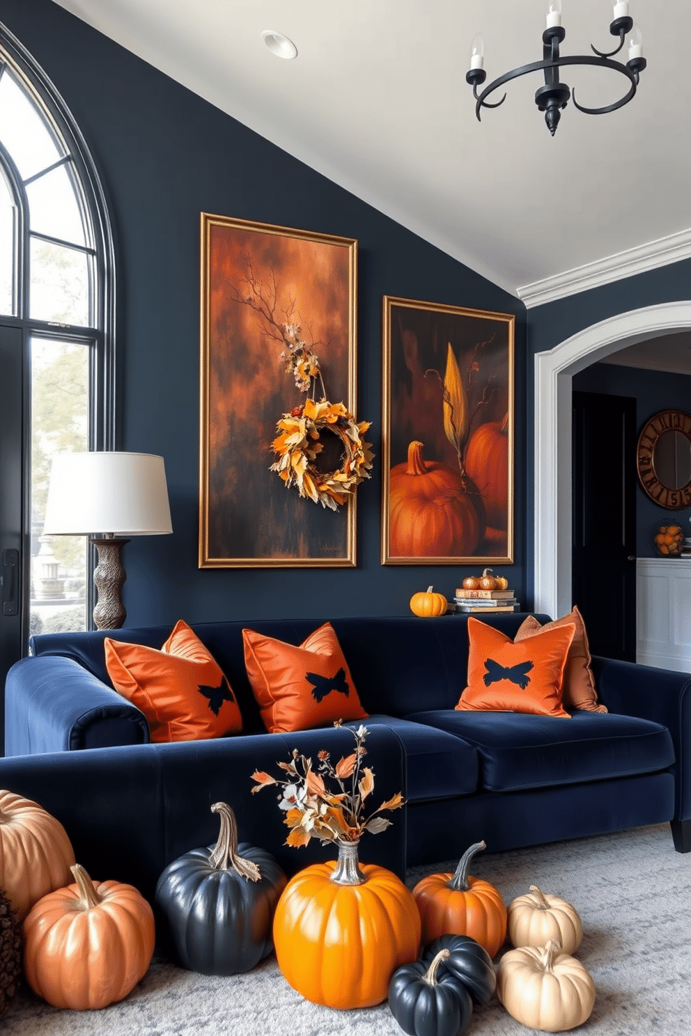 A stunning living room featuring dark moody oil paintings as focal points on the walls. The rich colors of the artwork contrast beautifully with the deep navy blue walls and plush velvet furniture. For Halloween decorating ideas, imagine a cozy entryway adorned with pumpkins of various sizes and colors. Soft orange and black accents, such as throw pillows and a wreath made of autumn leaves, create a festive yet elegant atmosphere.