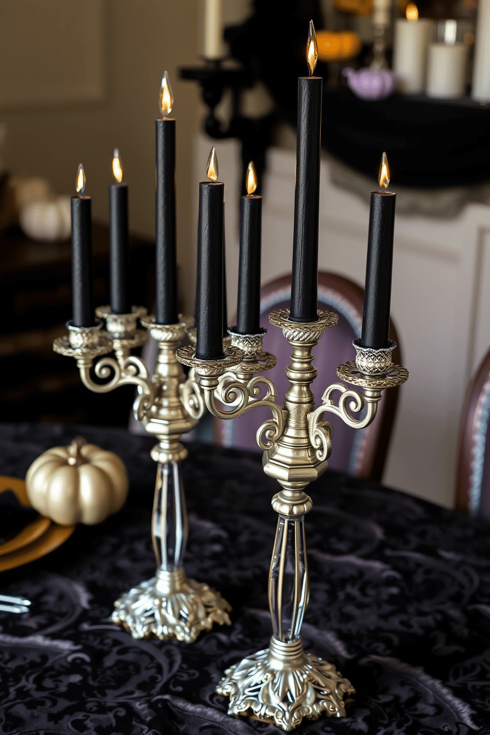 A festive Halloween setting featuring elegant candelabras with black candlesticks. The candelabras are adorned with intricate details and are placed on a richly textured tablecloth that enhances the seasonal theme.