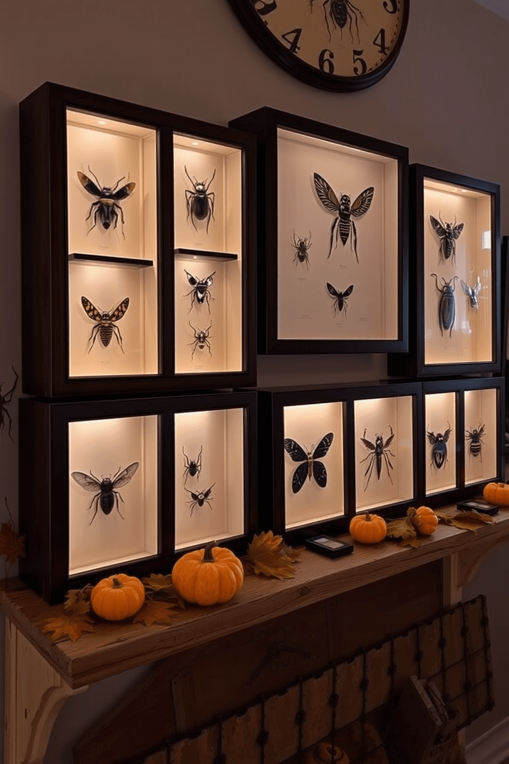 A collection of encased insects displayed in elegant shadow boxes. Each shadow box is framed in dark wood, highlighting the intricate details of the insects within. The display is arranged on a rustic wooden shelf adorned with autumn leaves and small pumpkins. Soft, ambient lighting casts gentle shadows, enhancing the spooky yet sophisticated Halloween theme.