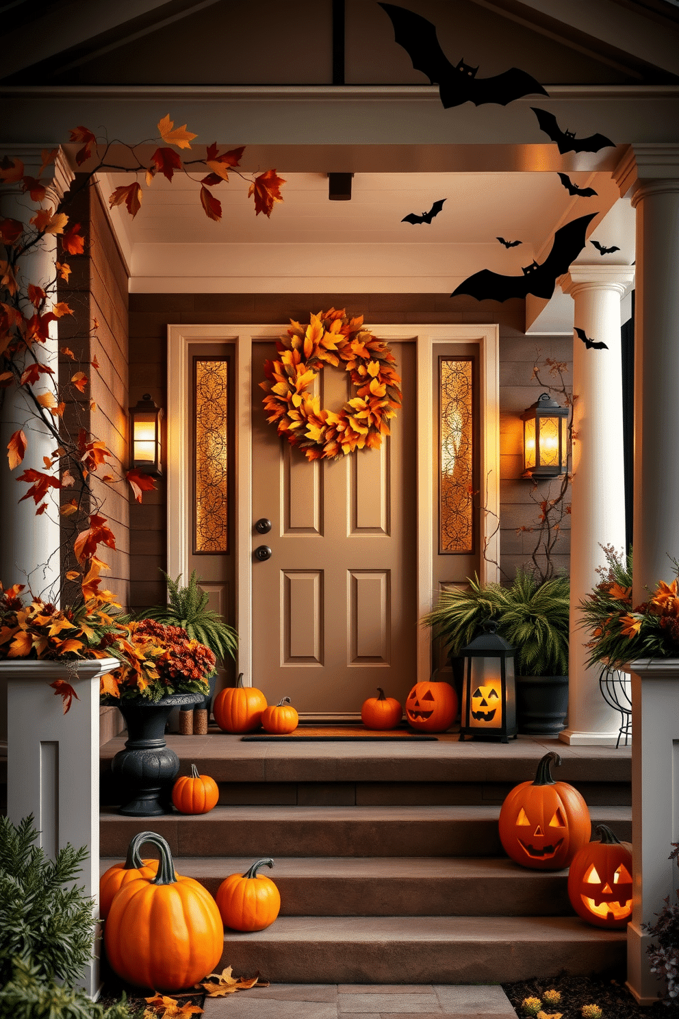 A seasonal wreath made of vibrant autumn leaves and pinecones adorns the front door, welcoming guests with a touch of nature. The warm colors of the wreath complement the cozy atmosphere of the home during the fall season. For Halloween, the front porch is transformed with playful decorations, featuring carved pumpkins lined along the steps and spooky lanterns illuminating the pathway. Silhouettes of bats and ghosts hang from the eaves, creating a festive and inviting ambiance for trick-or-treaters.