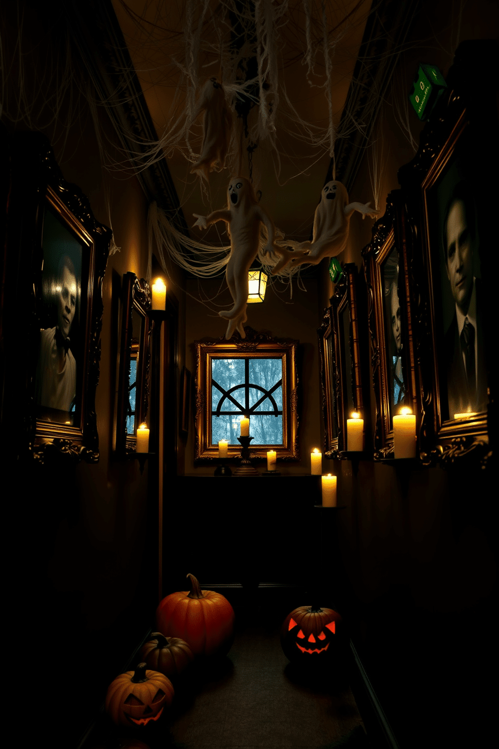 Creepy portraits in vintage frames adorn the walls of a dimly lit hallway. The frames are intricately carved with dark wood, and the portraits depict eerie figures with haunting expressions. For Halloween decorating ideas, the space is filled with cobwebs and flickering candlelight. Pumpkins with sinister grins sit on the floor, while ghostly figures dangle from the ceiling, adding to the spooky atmosphere.