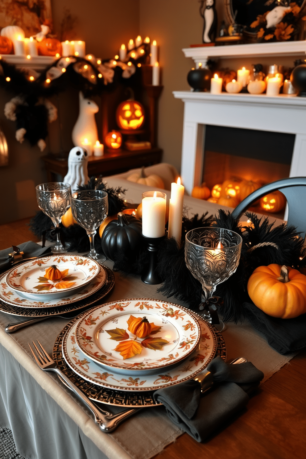 Themed dishware for festive dining. Imagine an elegant table setting adorned with intricately designed plates featuring autumn leaves and pumpkins, complemented by matching napkins and glassware that sparkles in the candlelight. Halloween decorating ideas. Envision a cozy living room filled with whimsical decorations such as ghostly garlands, carved pumpkins with flickering candles, and a black and orange color scheme that creates a warm yet spooky atmosphere.