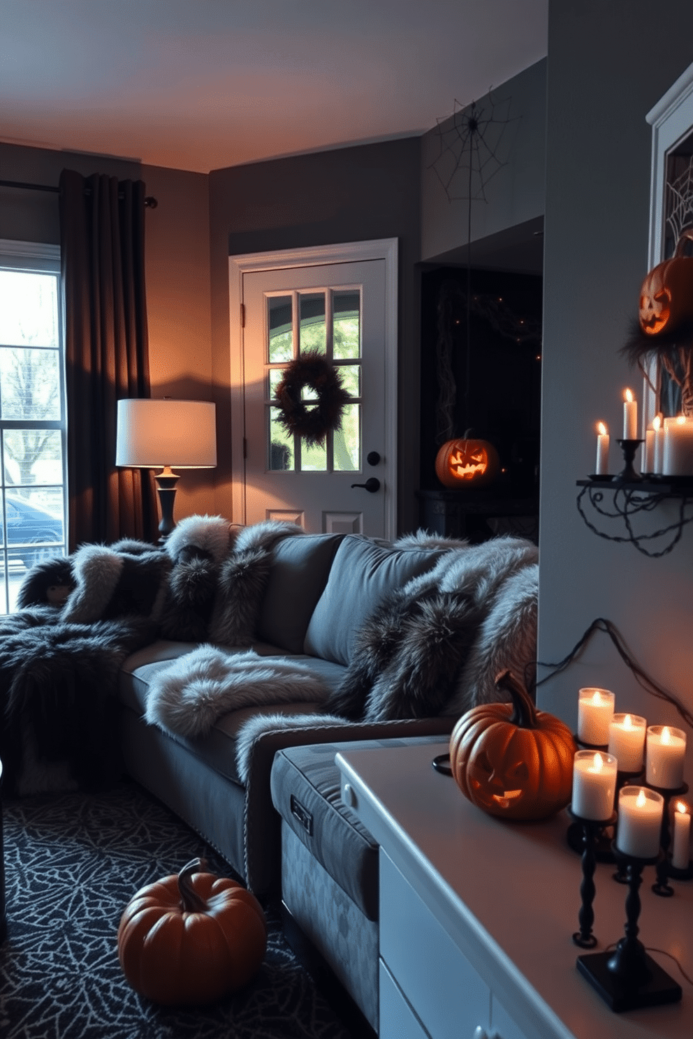 A cozy living room adorned with faux fur throws draped over a plush sectional sofa. Soft lighting from a stylish floor lamp creates a warm and inviting atmosphere. A festive entryway featuring Halloween decorations with carved pumpkins and whimsical spider webs. A dark, moody color palette enhances the seasonal spirit, complemented by flickering candlelight.