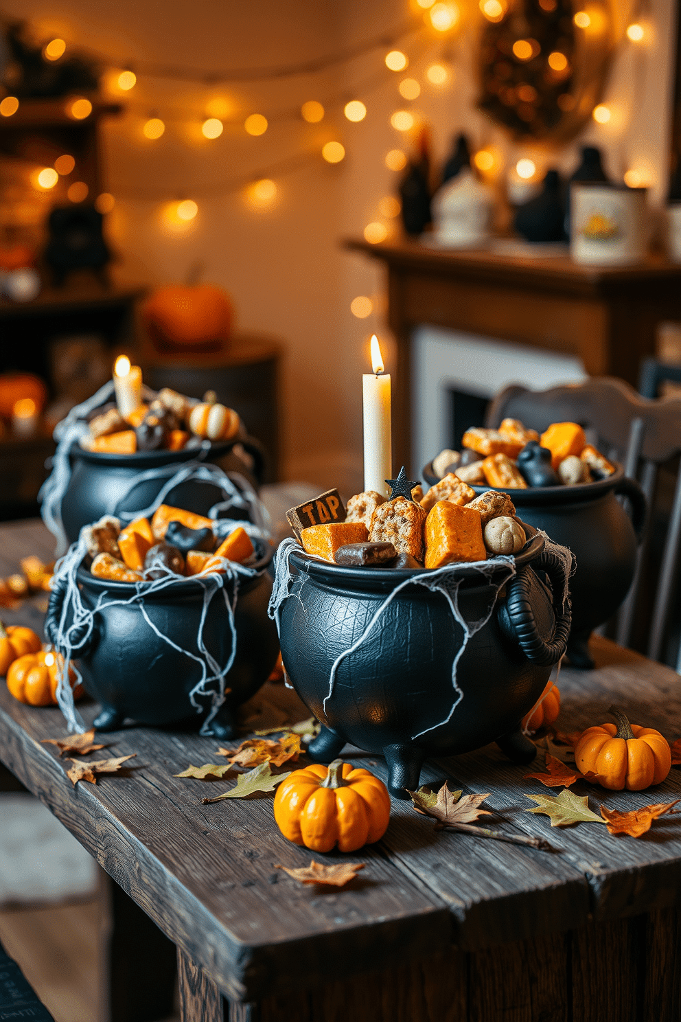 A cozy Halloween setting featuring decorative cauldrons filled with an assortment of spooky treats. The cauldrons are placed on a rustic wooden table adorned with cobwebs and flickering candlelight. Surrounding the table are autumn leaves and small pumpkins to enhance the festive atmosphere. In the background, a warm glow from string lights casts a magical ambiance throughout the room.