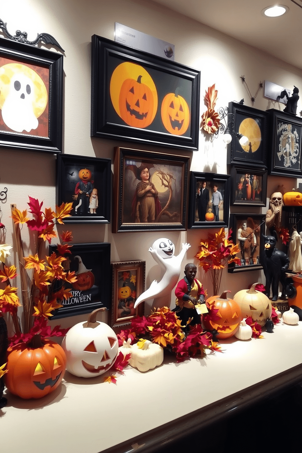 A captivating display of Halloween themed artwork adorns the walls. The collection features a mix of spooky and whimsical pieces that create a festive atmosphere. Decorative elements include carved pumpkins, ghostly figures, and vibrant autumn leaves. The arrangement is complemented by soft lighting that enhances the seasonal charm.