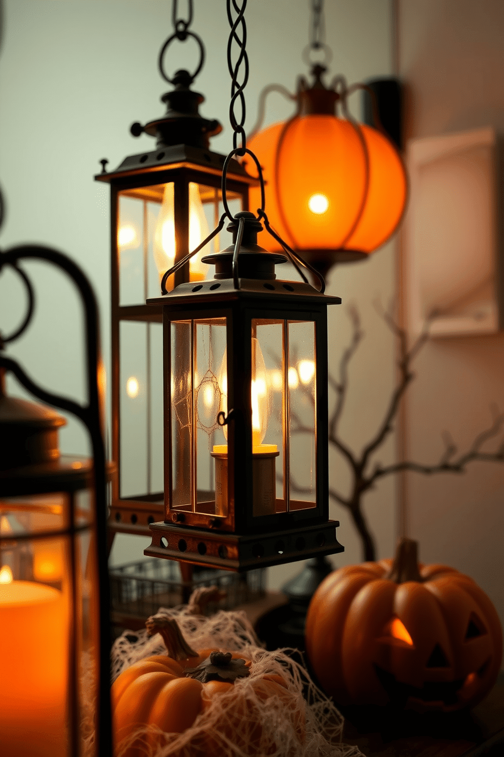 Vintage lanterns for atmospheric lighting. The warm glow of the lanterns creates an inviting ambiance, perfect for cozy gatherings. Halloween decorating ideas. Incorporate spooky elements like cobwebs and carved pumpkins to enhance the festive atmosphere.