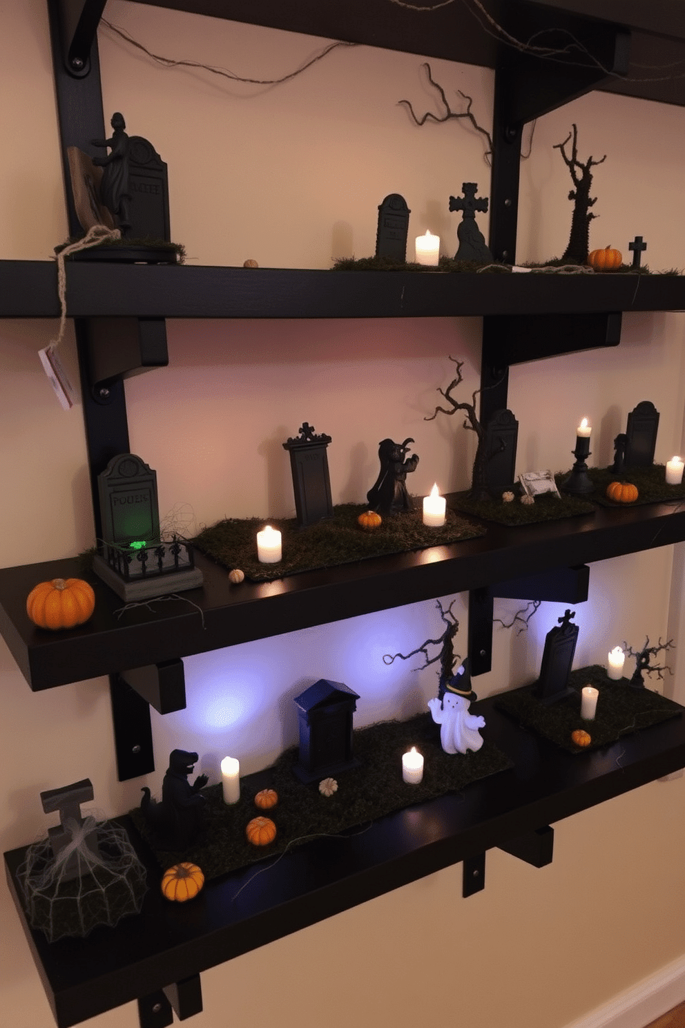 Miniature graveyard scenes on shelves create a spooky yet charming atmosphere for Halloween. Each shelf features tiny tombstones, ghostly figures, and flickering LED candles that cast eerie shadows. The shelves are adorned with cobwebs and small pumpkins to enhance the festive spirit. Dark-colored accents and whimsical decorations bring the Halloween theme to life, inviting guests to admire the intricate details.