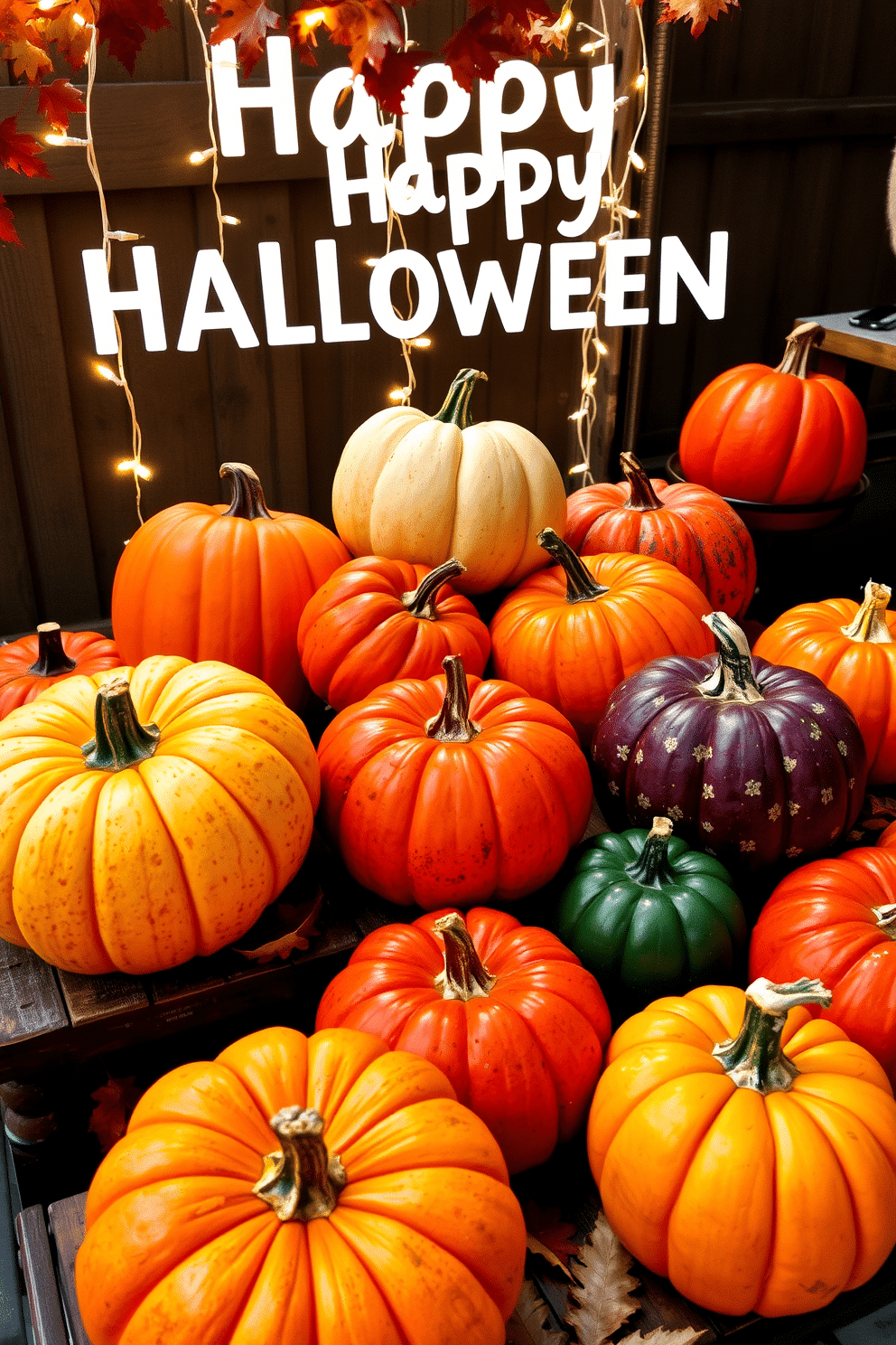 A vibrant display of colorful pumpkins in various sizes creates a festive atmosphere for Halloween. The pumpkins are arranged on a rustic wooden table, surrounded by autumn leaves and twinkling fairy lights.