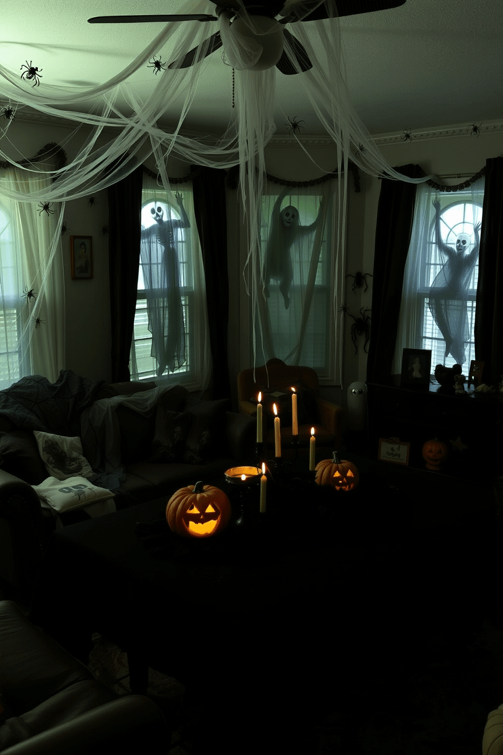 A spooky living room filled with Halloween decorations. Cobwebs drape from the corners of the ceiling, and plastic spiders are scattered across the furniture. A table is adorned with a black tablecloth, featuring a centerpiece of carved pumpkins with flickering candles inside. Ghostly figures hang from the windows, casting eerie shadows across the room.