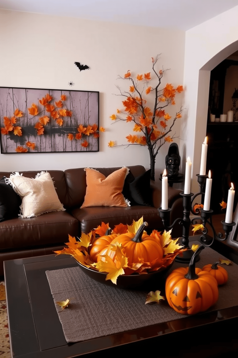 A cozy living room adorned with silk autumn leaves in warm hues of orange and gold. The leaves are artfully arranged in a decorative bowl on a coffee table, complementing the soft textures of plush throw pillows on a deep brown leather sofa. Spooky yet stylish Halloween decorating ideas bring a playful charm to the space. Ghostly silhouettes are gently illuminated by flickering candlelight, while a whimsical pumpkin centerpiece adds a festive flair to the dining table.