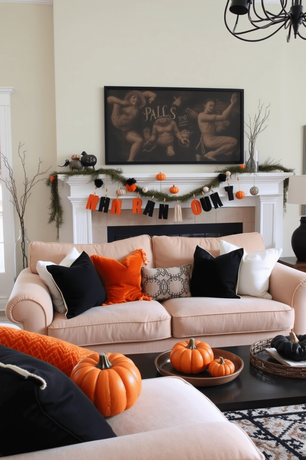 A stylish living room featuring a plush sofa adorned with black and orange throw pillows. The space is enhanced by subtle Halloween decorations, including a whimsical garland draped across the mantel and small carved pumpkins on the coffee table.