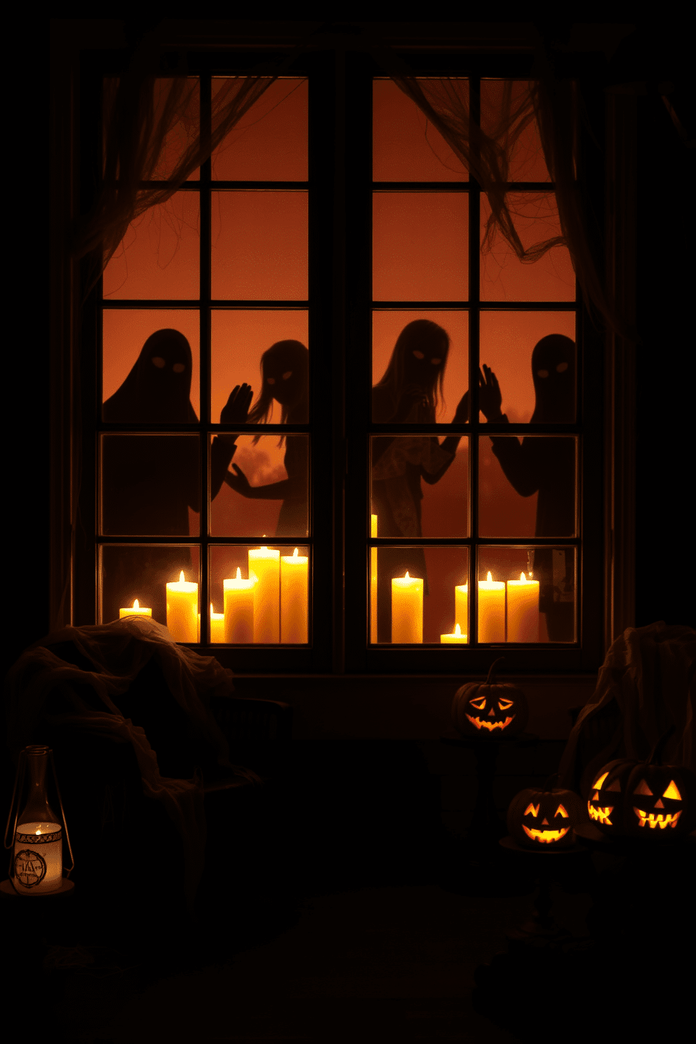 A hauntingly beautiful scene with ghostly silhouettes appearing in the window panes. The soft glow of candlelight flickers inside, casting eerie shadows that dance across the walls. Decorative elements include cobwebs draped over furniture and carved pumpkins glowing ominously on the porch. Dark, rich colors dominate the space, creating an atmosphere of spooky elegance.