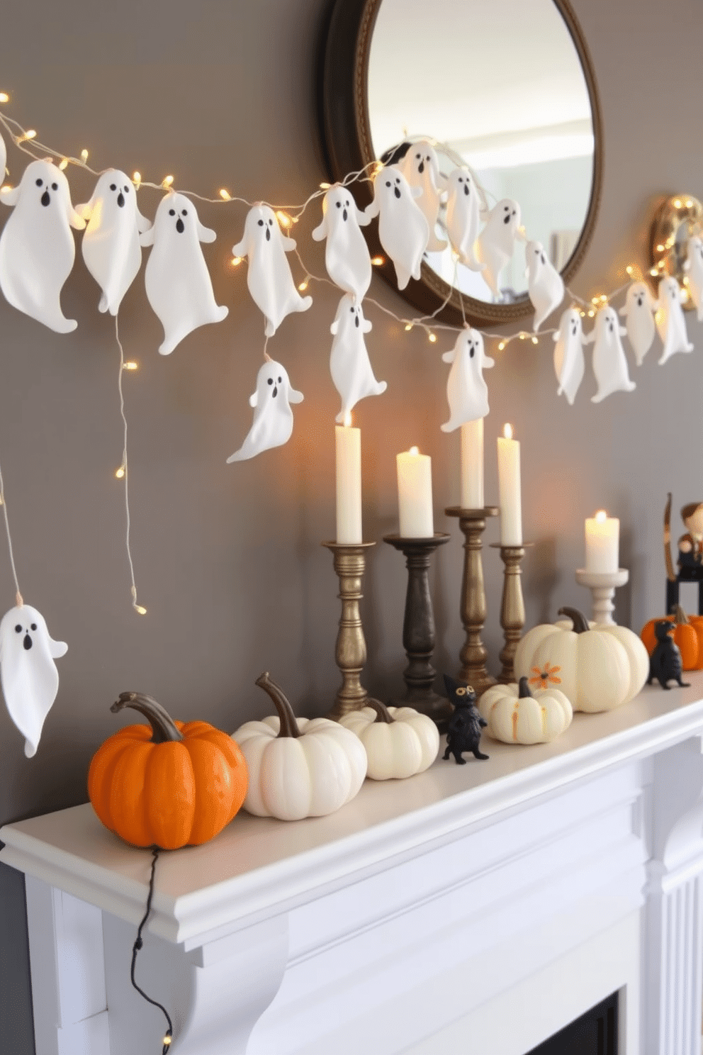 A charming mantel adorned with ghostly garlands creates a whimsical Halloween atmosphere. The garlands feature delicate white fabric ghosts with playful expressions, interspersed with twinkling fairy lights for a magical touch. On the mantel, a collection of vintage-inspired candle holders in varying heights adds warmth to the scene. Pumpkins in shades of orange and white are artfully arranged alongside a few spooky figurines to enhance the festive decor.