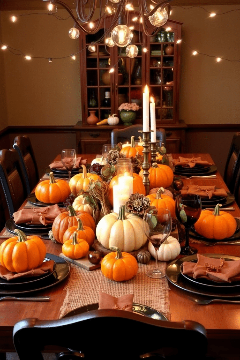 A vibrant dining table adorned with a collection of pumpkin centerpieces in varying sizes and shades of orange. Surrounding the pumpkins are rustic elements like burlap runners and flickering candles to create a warm and inviting Halloween atmosphere. The table is set with elegant dinnerware, featuring deep, rich colors that complement the seasonal theme. String lights are draped above, casting a soft glow over the festive decor, enhancing the overall Halloween spirit.