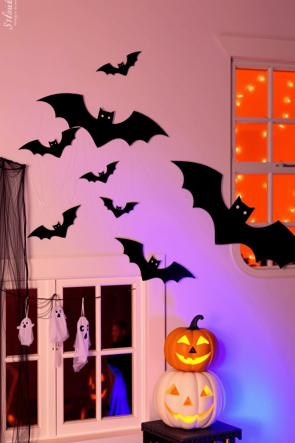 Create a spooky Halloween atmosphere with bat silhouettes adorning the walls and windows. The dark shapes contrast against the warm glow of orange and purple lights, enhancing the festive spirit. Incorporate playful decorations such as cobwebs and hanging ghosts to complement the bat theme. Use pumpkins with carved faces to add a touch of whimsy and charm to the overall decor.