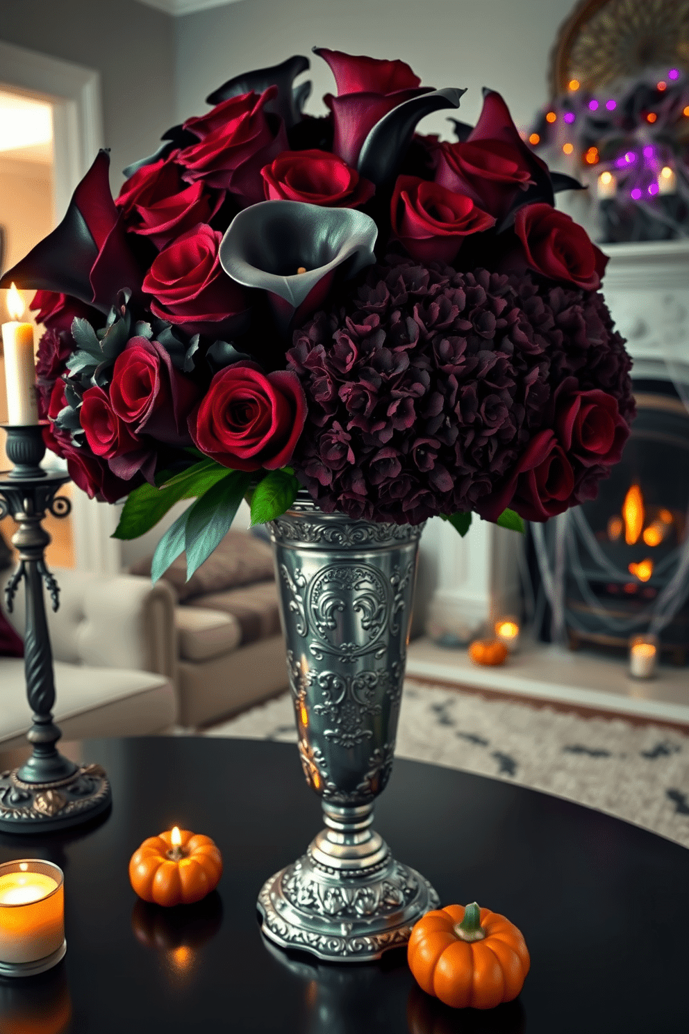 A hauntingly beautiful floral arrangement featuring deep red roses, black calla lilies, and dark purple hydrangeas. The bouquet is displayed in an antique silver vase adorned with intricate engravings, set against a backdrop of soft candlelight. For Halloween decorating ideas, imagine a cozy living room with a fireplace, draped in cobwebs and accented with miniature pumpkins. The space is illuminated by flickering orange and purple lights, creating an eerie yet inviting atmosphere.