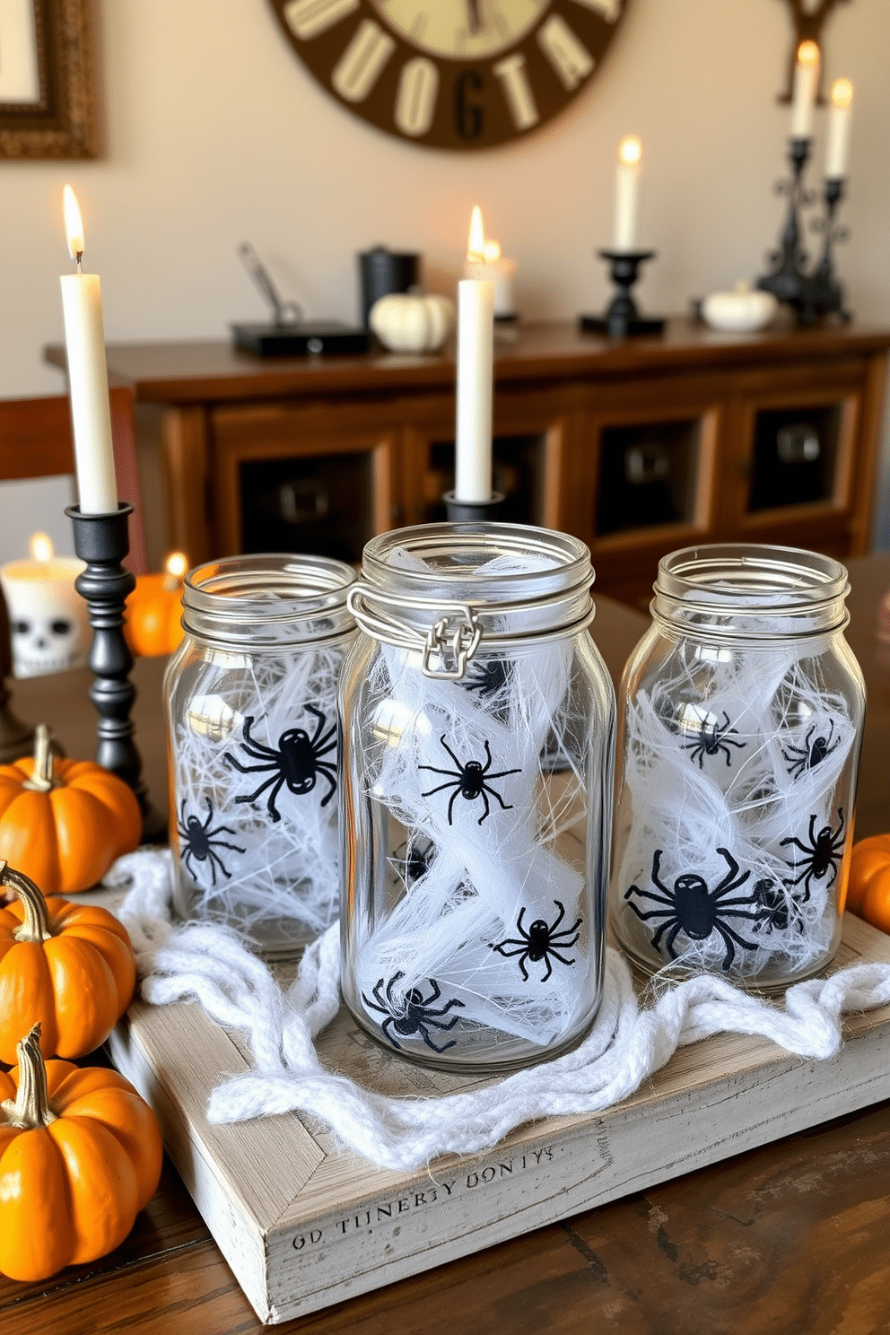 A whimsical Halloween display featuring mason jars filled with faux spider webs. The jars are arranged on a rustic wooden table, surrounded by small pumpkins and flickering candles for an eerie ambiance.