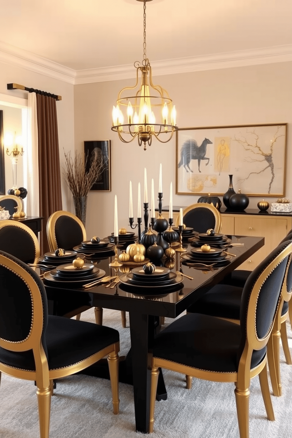 Chic gold and black color scheme Halloween dining room featuring an elegant black dining table surrounded by gold-accented chairs. The table is set with black plates, gold cutlery, and decorative Halloween-themed centerpieces, including miniature pumpkins and candles. The walls are adorned with black and gold artwork, creating a sophisticated atmosphere. Soft lighting from gold pendant fixtures casts a warm glow, enhancing the festive yet classy vibe of the space.