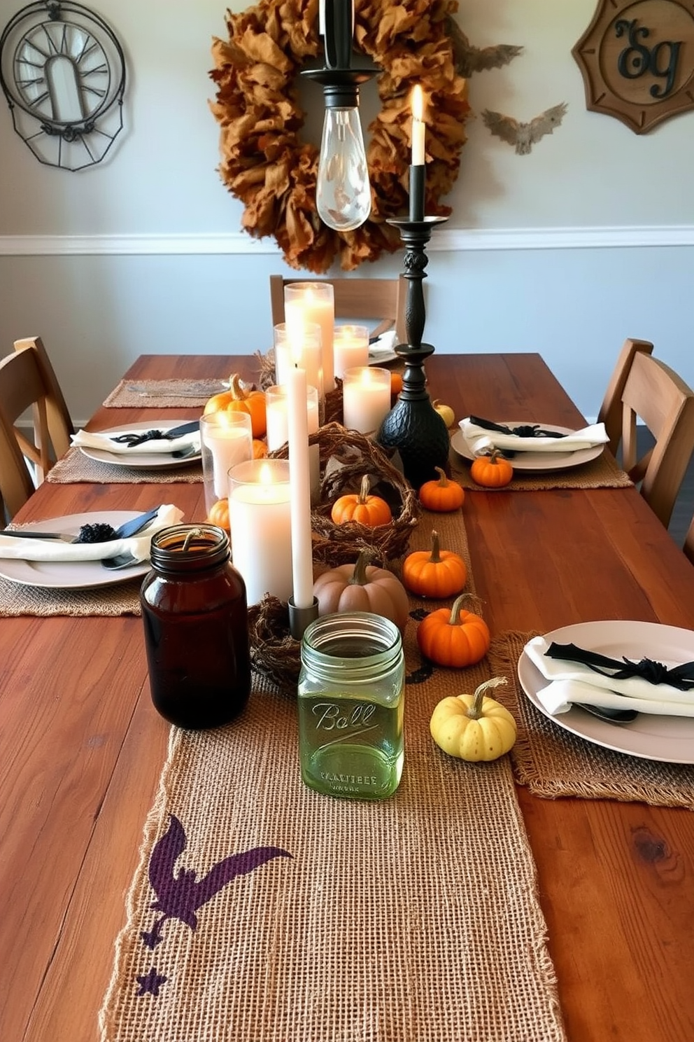 A rustic wooden table is set for a Halloween-themed dinner, adorned with burlap table runners and autumnal decorations. Flickering candles in mason jars create a warm ambiance, while small pumpkins and gourds are scattered across the table for a festive touch.