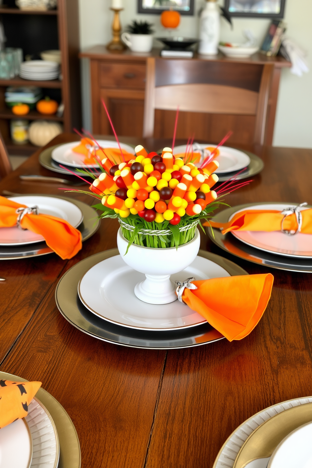 A vibrant centerpiece arrangement featuring colorful candy corn is placed on a rustic wooden dining table. Surrounding the centerpiece are elegant dinner plates and festive napkins, creating a playful yet sophisticated Halloween dining atmosphere.