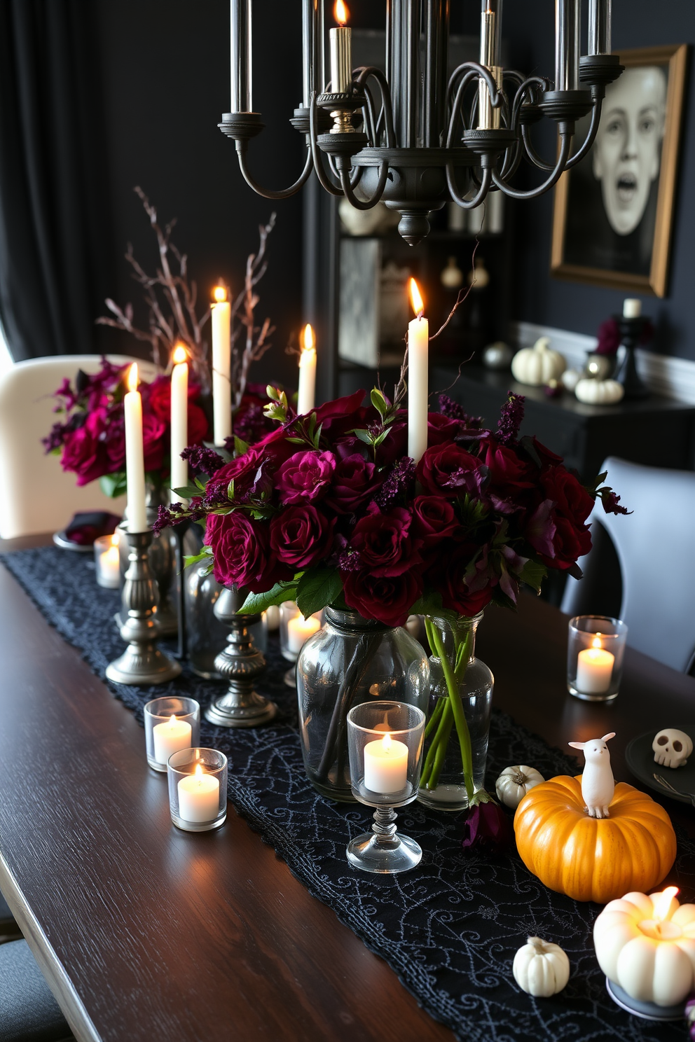 Elegant floral arrangements with dark hues create a dramatic atmosphere for your Halloween dining room. Incorporate deep purples and rich reds in a variety of vases scattered across the table, complemented by flickering candlelight for an enchanting effect. Use black lace table runners to add texture and contrast against a dark wooden table. Enhance the setting with subtle Halloween-themed decor, such as small pumpkins or ghostly accents, to complete the festive look.