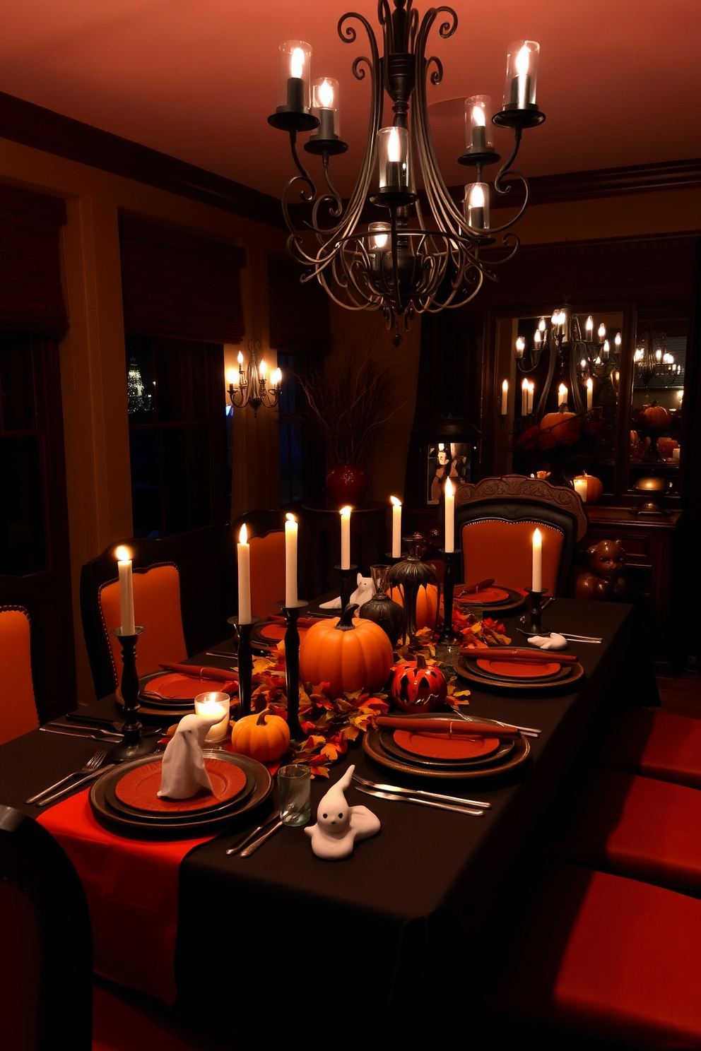 A cozy dining room adorned with mood lighting created by dimmed chandeliers hanging from the ceiling. The table is elegantly set with seasonal decorations including pumpkins and autumn leaves, creating a festive Halloween atmosphere. Richly colored table linens in deep oranges and blacks complement the warm glow of the lighting. Spooky accents like candle holders shaped like ghosts and a centerpiece of carved pumpkins enhance the Halloween theme.