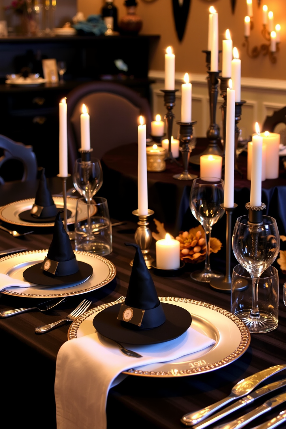 A whimsical Halloween dining room setup featuring elegant witch hat place card holders at each table setting. The table is adorned with a rich black tablecloth, and flickering candlelight casts playful shadows across the decor.