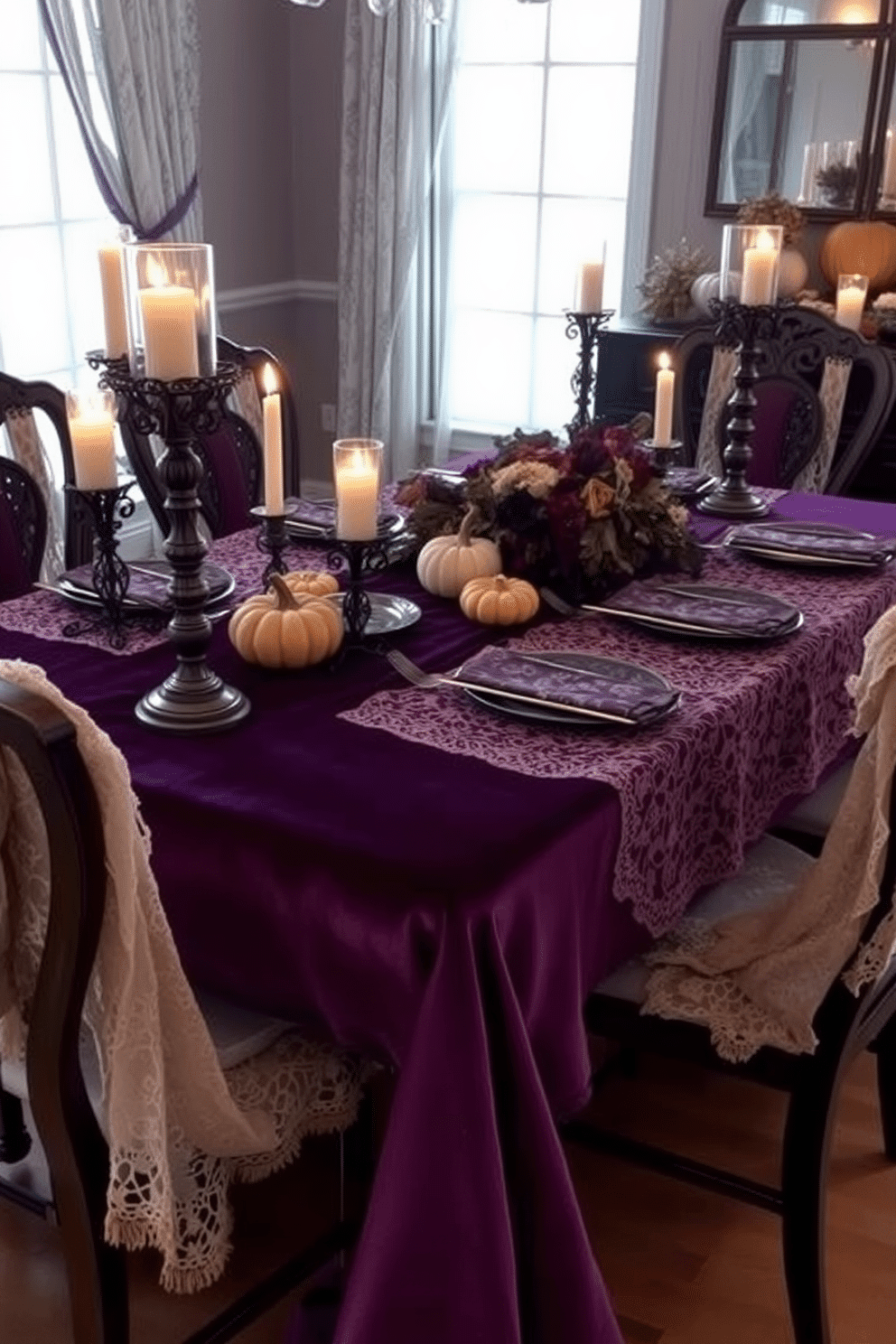 A Halloween dining room setting featuring layered textures with rich velvet and delicate lace. The table is set with a deep purple velvet tablecloth, adorned with lace overlays and intricate candle holders that cast a warm glow. Dark wooden chairs are draped with lace shawls, creating an inviting yet mysterious atmosphere. Centerpieces of pumpkins and seasonal flowers in muted tones enhance the festive yet elegant decor.