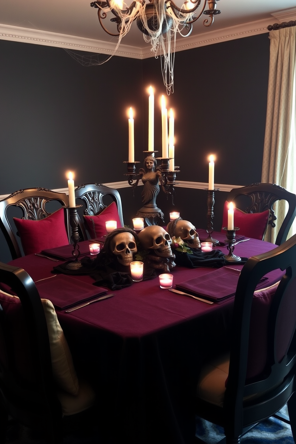 A dramatic dining room setting adorned with a Gothic candlelit centerpiece featuring intricately carved skulls. The table is draped with a rich black velvet tablecloth, and flickering candles in ornate holders create an eerie yet elegant ambiance. Surrounding the table are dark wood chairs with plush cushions, each accented with deep red or gold throw pillows. The walls are painted in a dark hue, and cobwebs delicately hang from the corners, enhancing the Halloween theme.