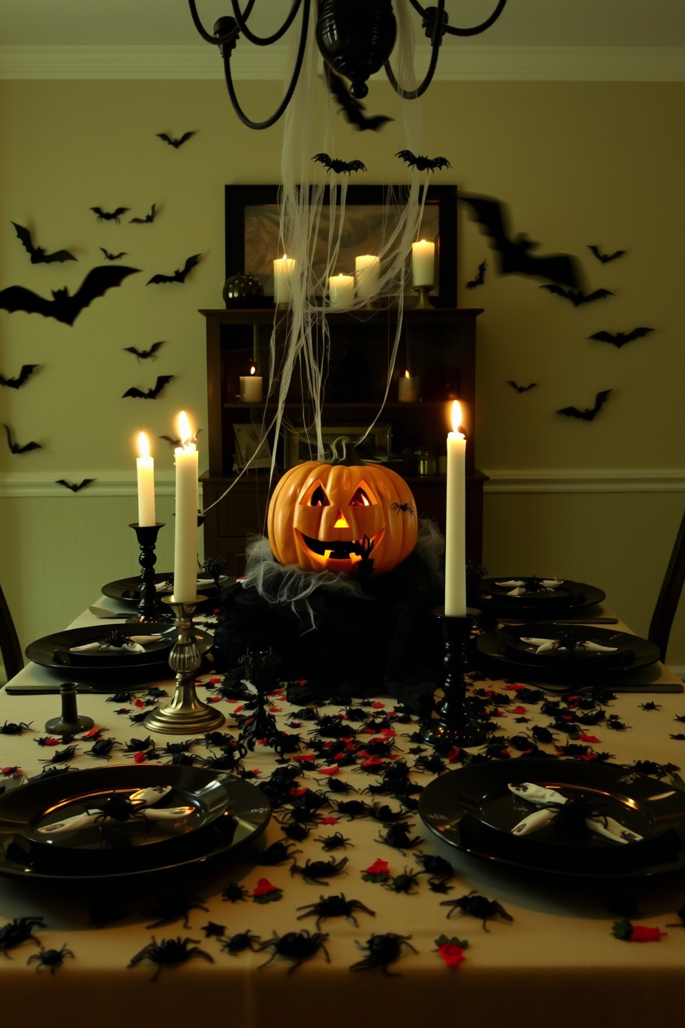 A spooky dining room setting adorned with creepy crawly table confetti decorations. The table is set with dark plates and eerie candle holders, while plastic spiders and bats scatter across the tablecloth. Dim lighting enhances the unsettling atmosphere, with flickering candles casting shadows on the walls. A centerpiece featuring a carved pumpkin surrounded by faux cobwebs completes the Halloween theme.