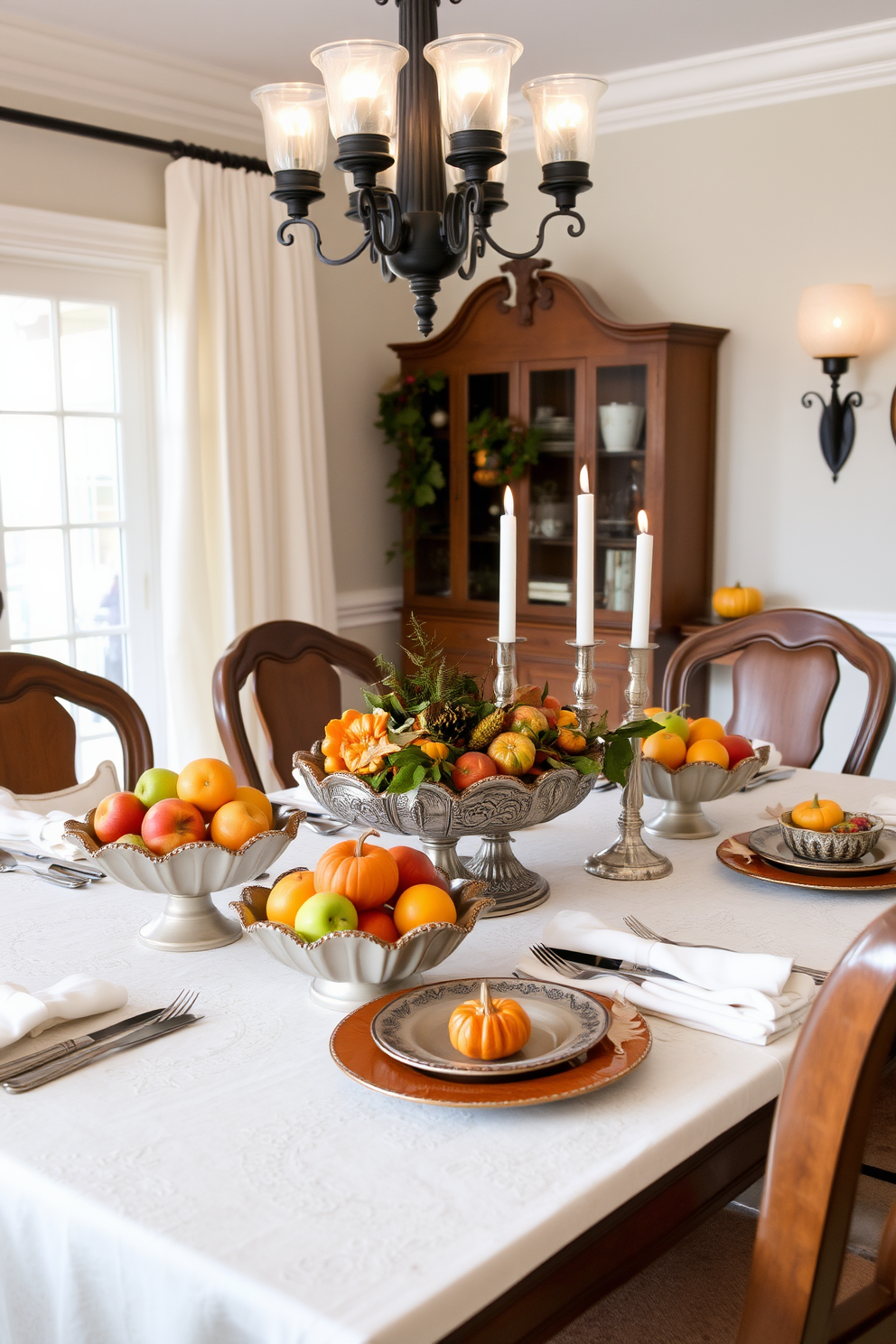 A beautifully set dining room featuring an elegant table adorned with decorative bowls filled with seasonal fruits. The warm autumn colors of the fruits complement the rich wood tones of the table and the cozy ambiance of the space. The dining room is tastefully decorated for Halloween, with subtle decorations that include mini pumpkins and elegant candle holders. Soft lighting enhances the festive atmosphere while maintaining a sophisticated look.