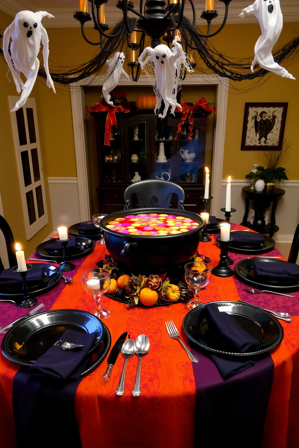 A charming dining room setting for Halloween features a large black cauldron filled with colorful punch at the center of the table. Surrounding the cauldron are elegant place settings with dark plates, silver cutlery, and flickering candle holders for a spooky ambiance. The table is adorned with a vibrant tablecloth in shades of orange and purple, complemented by autumn-themed centerpieces. Ghostly decorations hang from the ceiling, while dim lighting creates a warm yet eerie atmosphere perfect for a festive gathering.